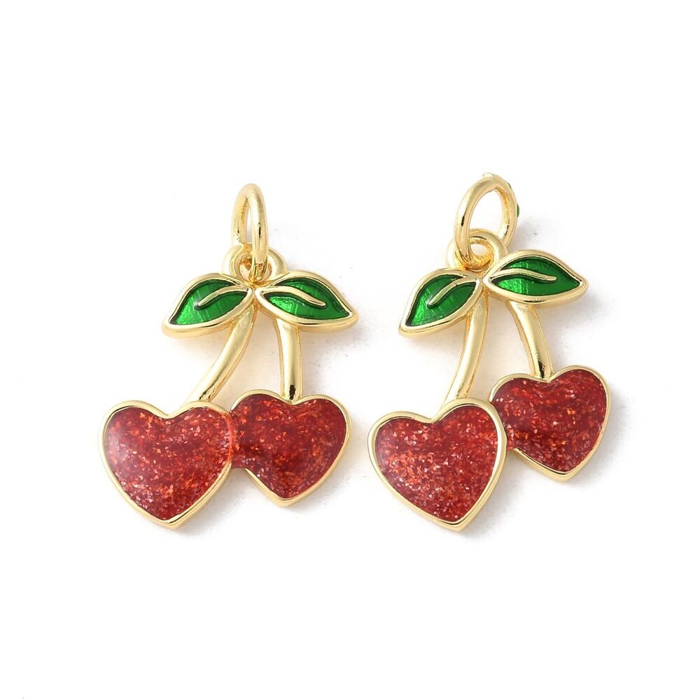 7725 10 pcs Brass Cherry Enamel Charms with Jump Ring Mini Cherries Fruit